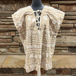 Sand Cloud Turtle Mudcloth Beige Embroidered Terry Swim Cover Organic Cotton